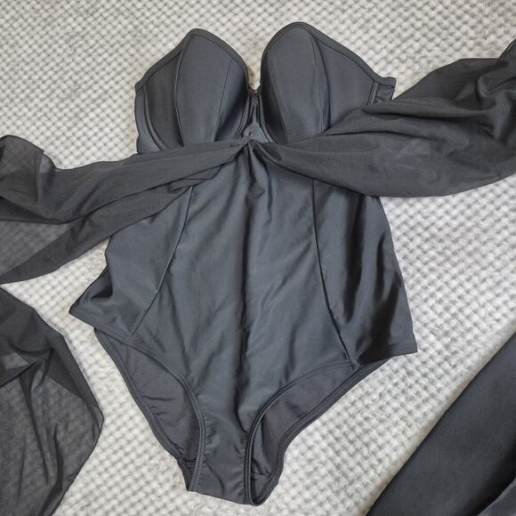 Curvy Kate Wrapsody Bandeau Swimsuit Black Size 32DD Mesh Coverup Beach CS005600 - Picture 6 of 8